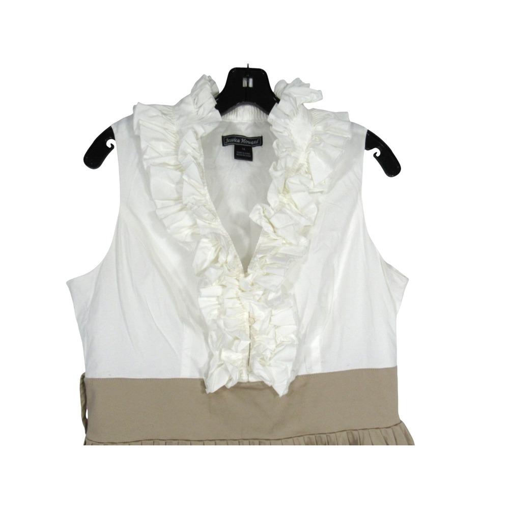 JESSICA HOWARD White/Tan TWILL Ruffle V-Neck PLEATED Zipper MIDI A-LINE DRESS 14 - Picture 2 of 6